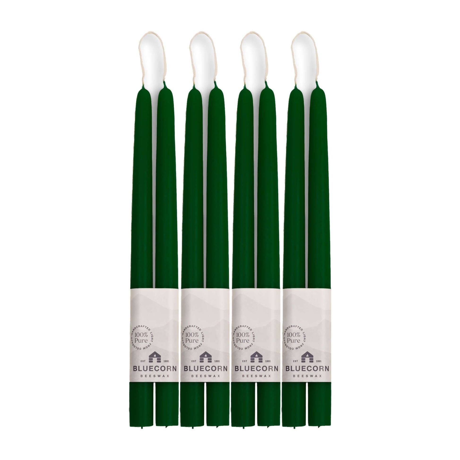 Pair of 12-inch moss green beeswax taper candles from Bluecorn Candles, bulk set of 8, hand-dipped and natural.