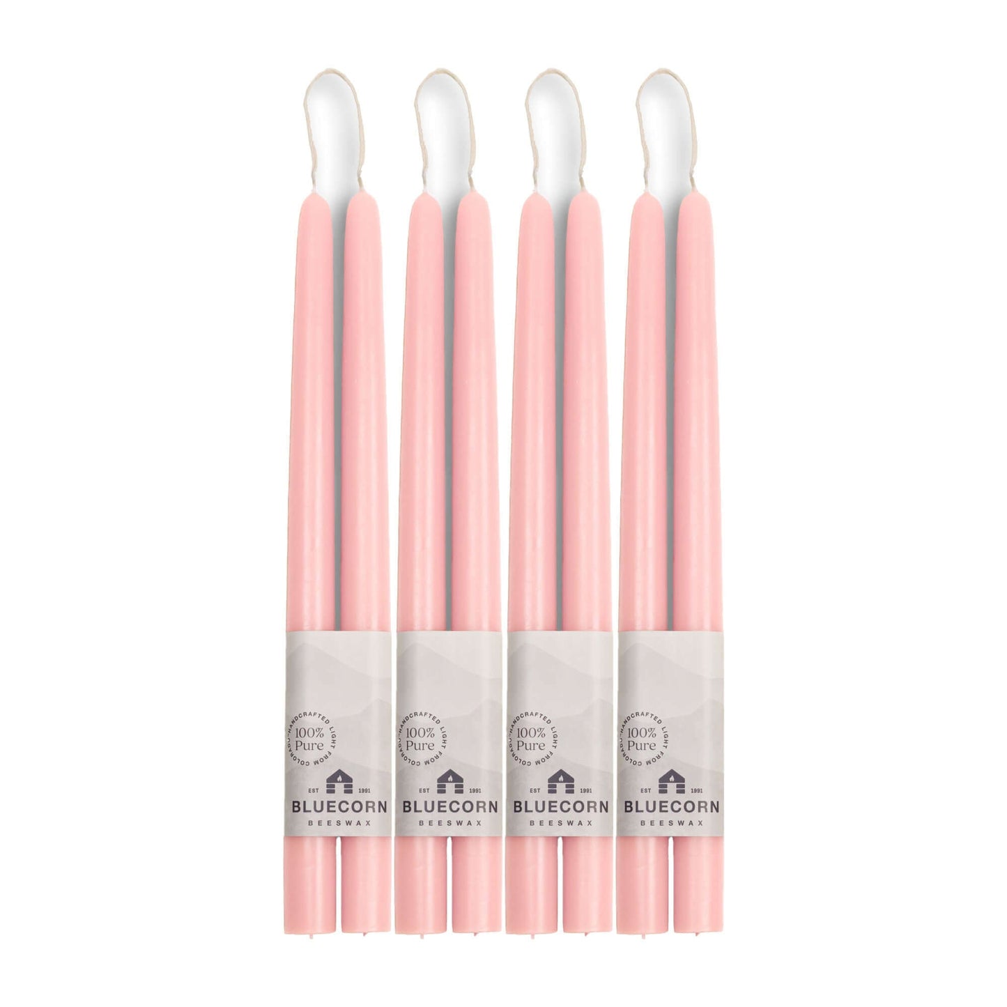 Set of 8 pink hand-dipped beeswax taper candles from Bluecorn Candles, 12-inch tall, ideal for bulk decorative lighting.