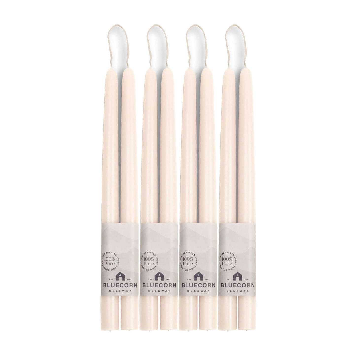 Set of eight 12-inch white beeswax taper candles from Bluecorn Candles in a bulk bundle, showcasing tall, natural candle sticks.