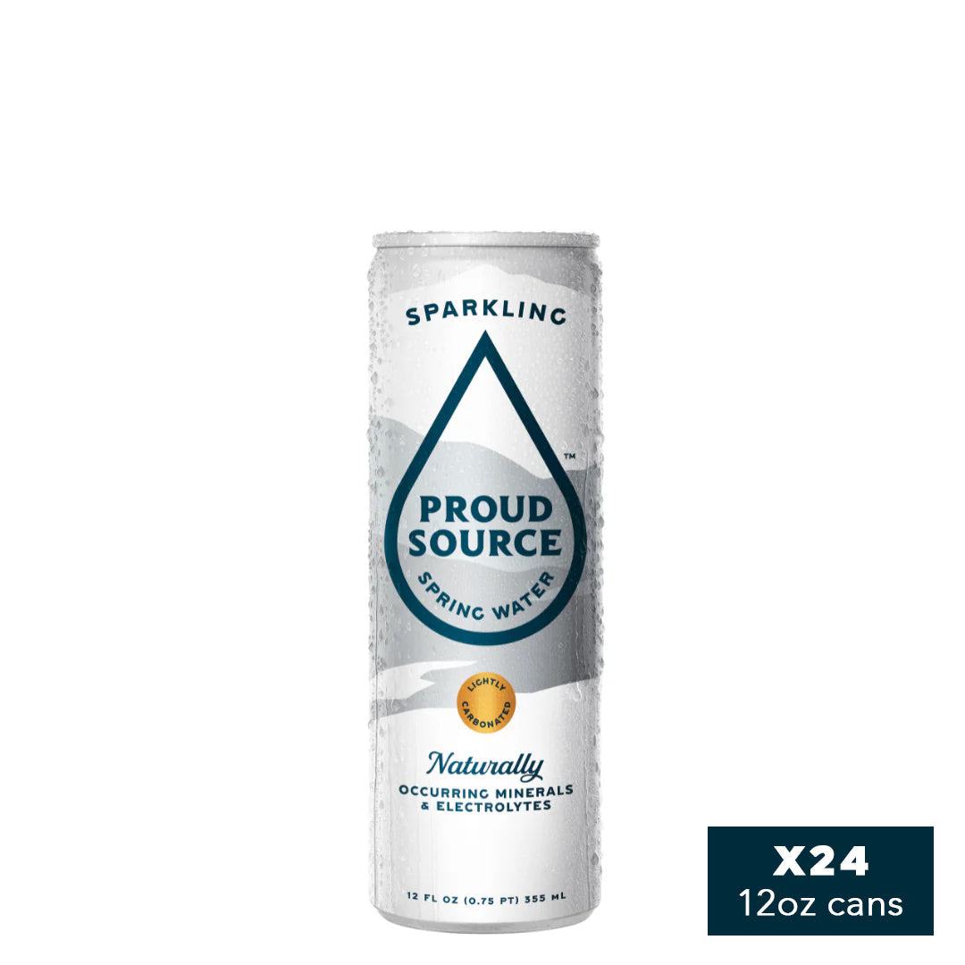 Cans of PROUD SOURCE WATER sparkling spring water, 12 oz each, with clear labels and condensation on the cans.