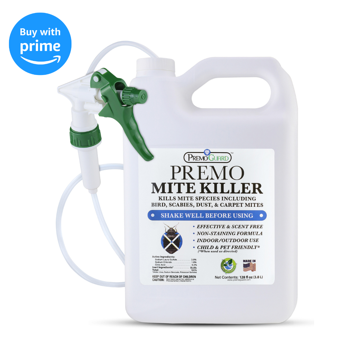 128oz Premo Natural Products mite killer spray, all-natural non-toxic pesticide in a large spray bottle, safe for home use.