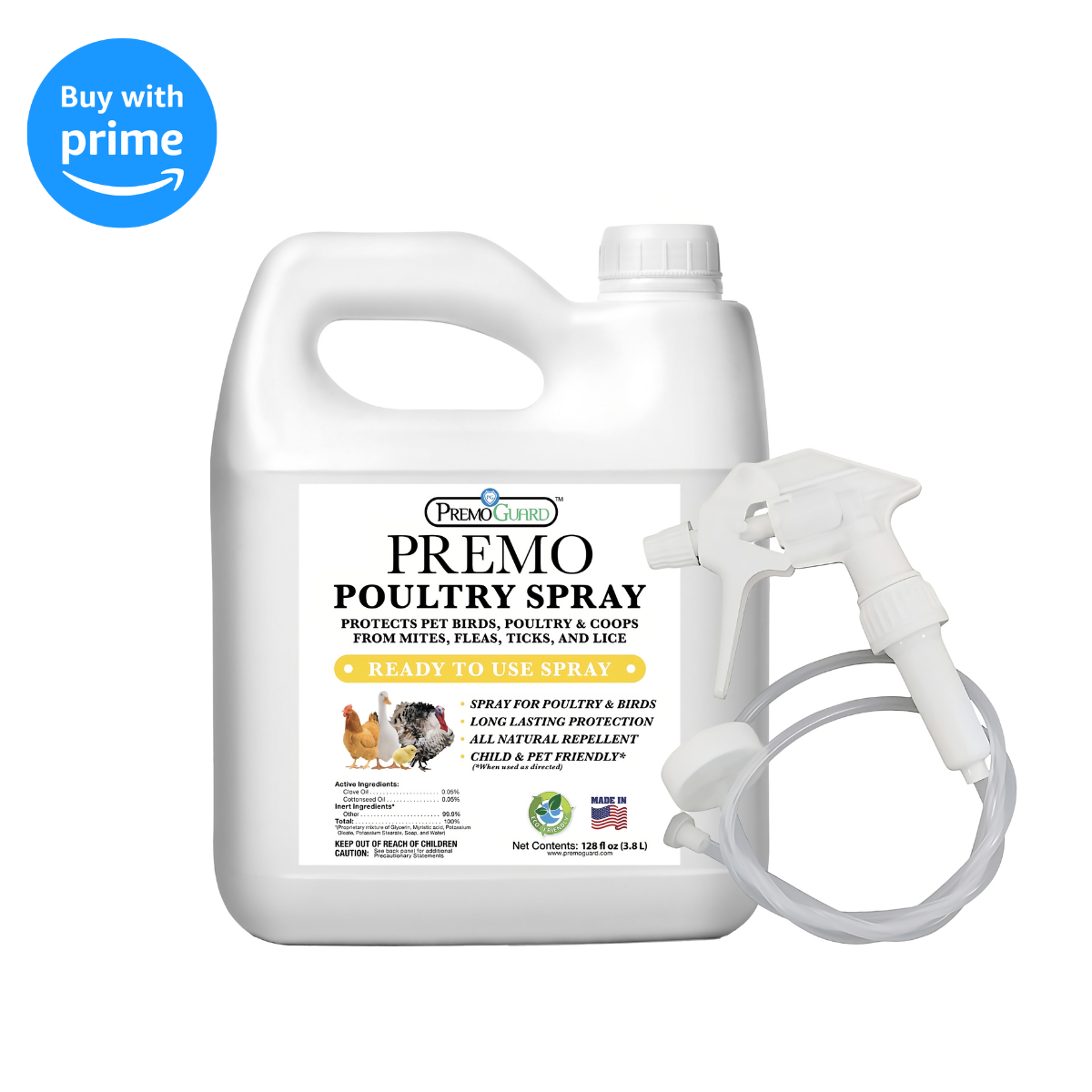 128oz Premo Natural Poultry Spray for animals, plant-based all-natural non-toxic solution for poultry care and protection.