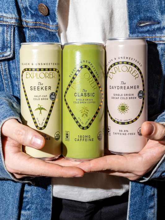 Explorer Cold Brew unsweetened coffee 12-pack, featuring cold brew bottles with varying caffeine levels, ready to enjoy.