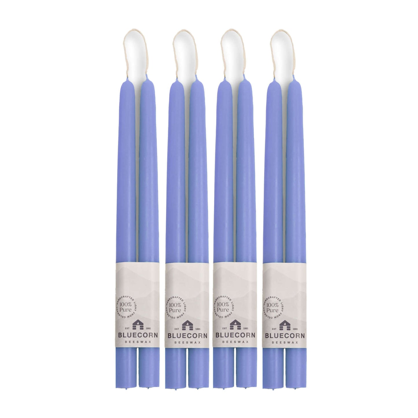 Bluecorn Candles hand-dipped beeswax taper candles in lilac, 12-inch length, shown in a bulk 4-pair bundle.