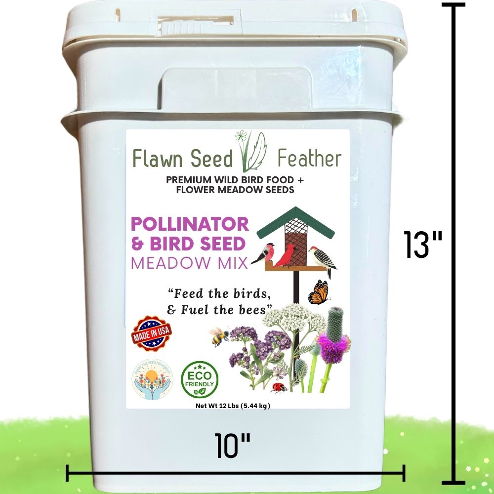 12lb Flawn Seed Kits Pollinator and Wild Bird Seed Meadow Mix in a pail, designed to attract pollinators and wild birds.