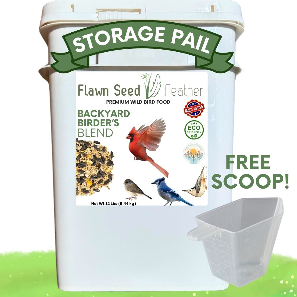 12lb pail of Flawn Seed Kits Backyard Birder's Wild Bird Seed Blend for attracting native wild birds to your yard.