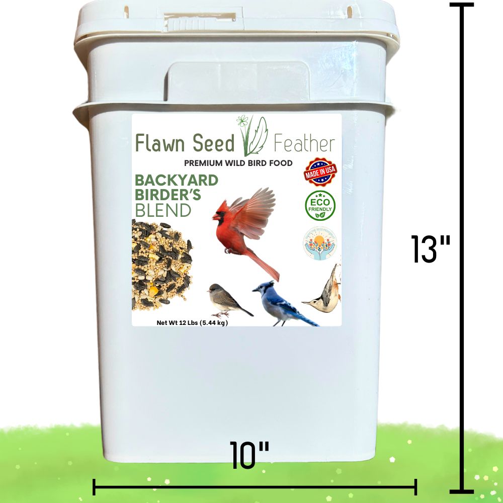 12lb pail of Flawn Seed Kits Backyard Birder's Wild Bird Seed Blend with mixed seeds for attracting garden birds