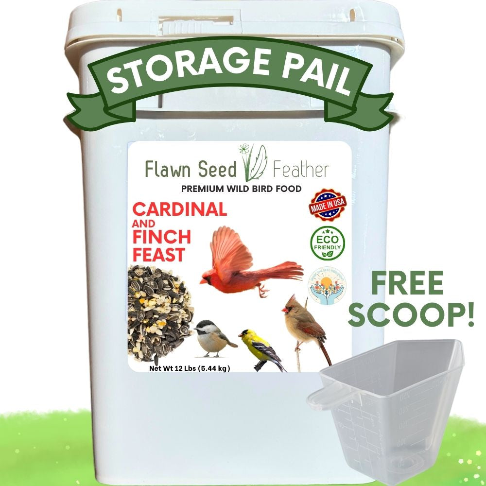 12lb pail of Cardinal & Finch Feast Wild Bird Seed Blend by Flawn Seed Kits, showing a colorful mix of birdseed for backyard feeding.