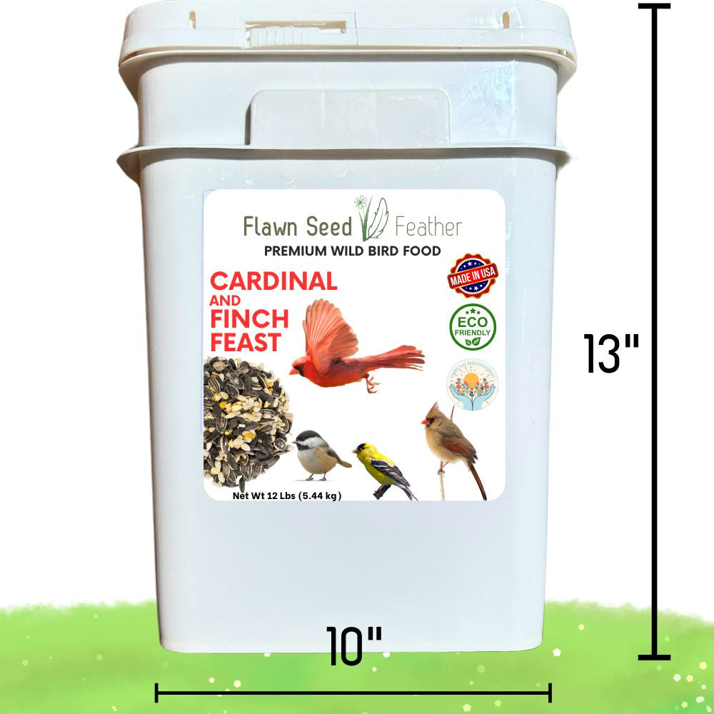 12-pound pail of Cardinal & Finch Feast Wild Bird Seed Blend by Flawn Seed Kits, showing a full container of bird seed.