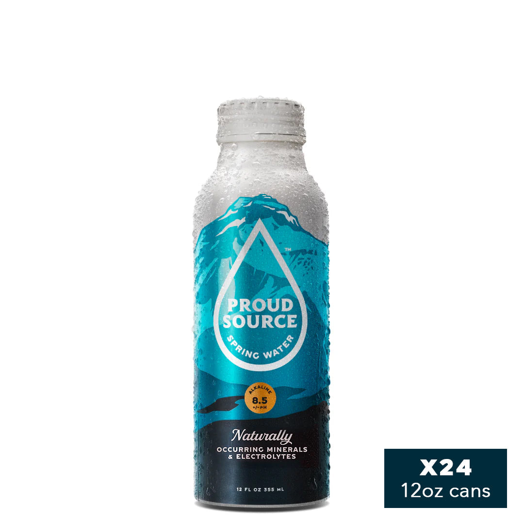 12oz bottle of PROUD SOURCE WATER alkaline spring water with clear label and cap, shown from the front.