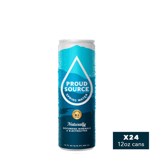 12oz cans of PROUD SOURCE WATER alkaline spring water, featuring clear cans with water and branding visible.