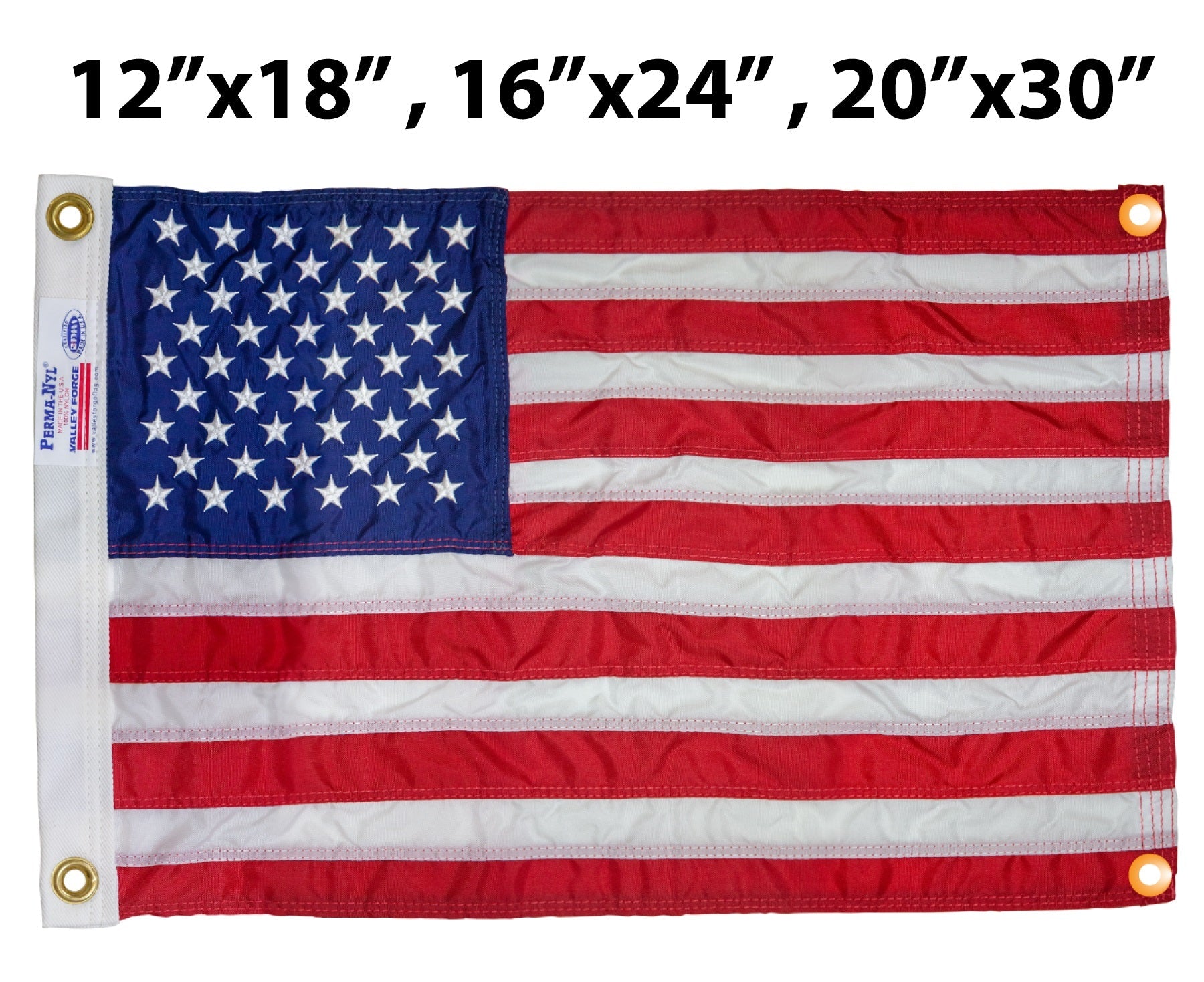 Nylon American flag wall-mounted with reinforced edge grommets, 12x18 inches, made in the USA by Flagman of America.