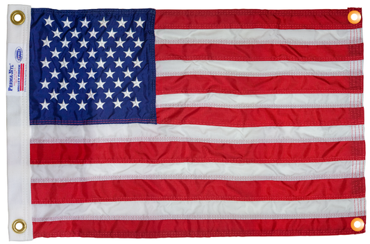 Nylon American flag wall safe with reinforced edge grommets, wall-mounted design, made in USA by Flagman of America.