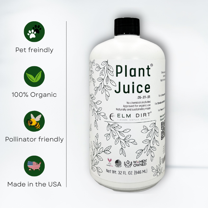 A 32 fl oz white Plant Juice bottle from Elm Dirt features leaf illustrations and icons showing its pet friendly, made with worm castings, 100% organic, pollinator friendly, and made in the USA.
