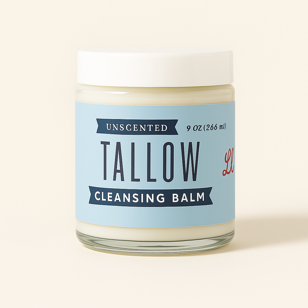 Unscented Tallow Cleansing Balm by The Lady May, natural makeup remover and deep moisturizer with grass-fed beef tallow and castor oil.