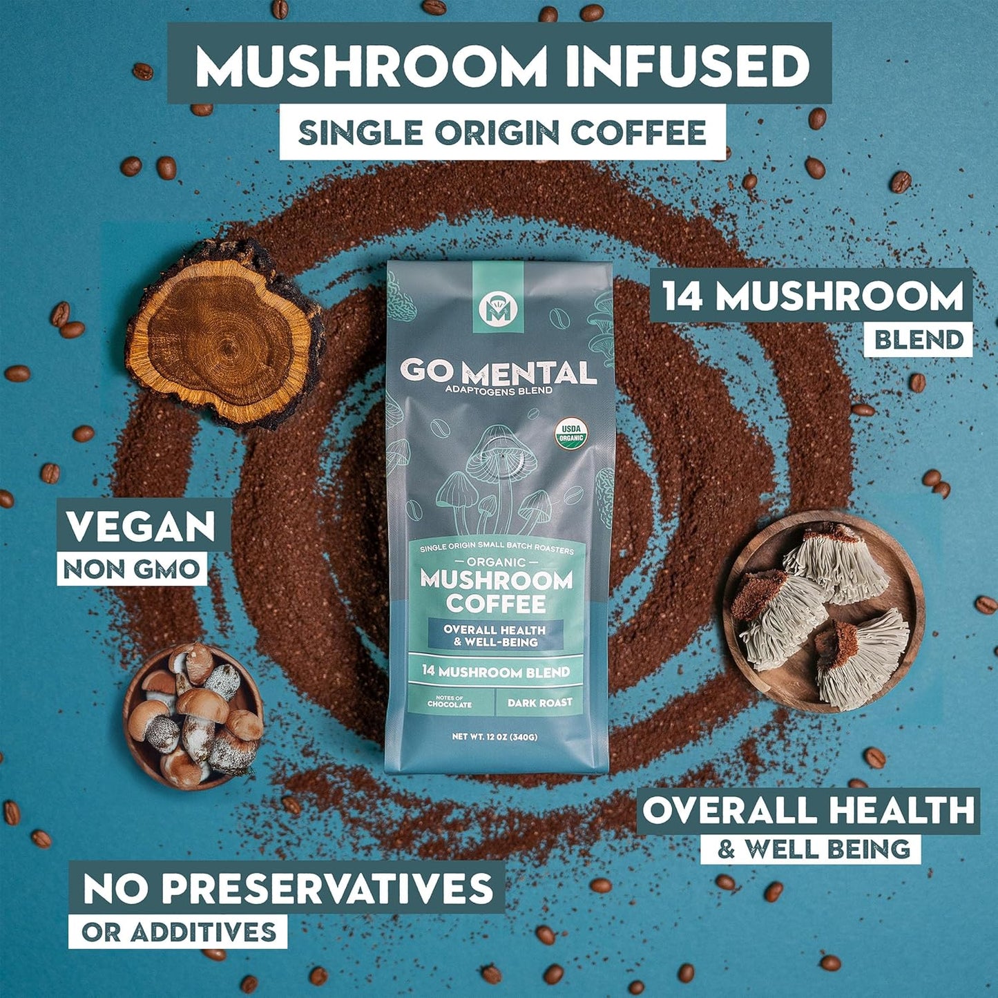 14 Mushroom Coffee Adaptogens Blend - GO MENTAL MUSHROOM COFFEE ~ Blessings Grow Meadows