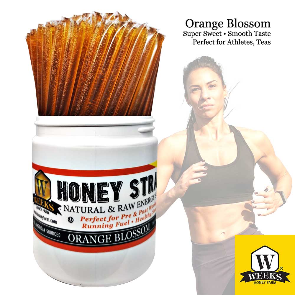A jar labeled Weeks Honey Farm Raw Honey Straws—Orange Blossom, Wildflower, Raspberry—filled with all-natural honey sticks sits by a fit woman running, with text highlighting orange blossom honeys benefits for athletes and tea.