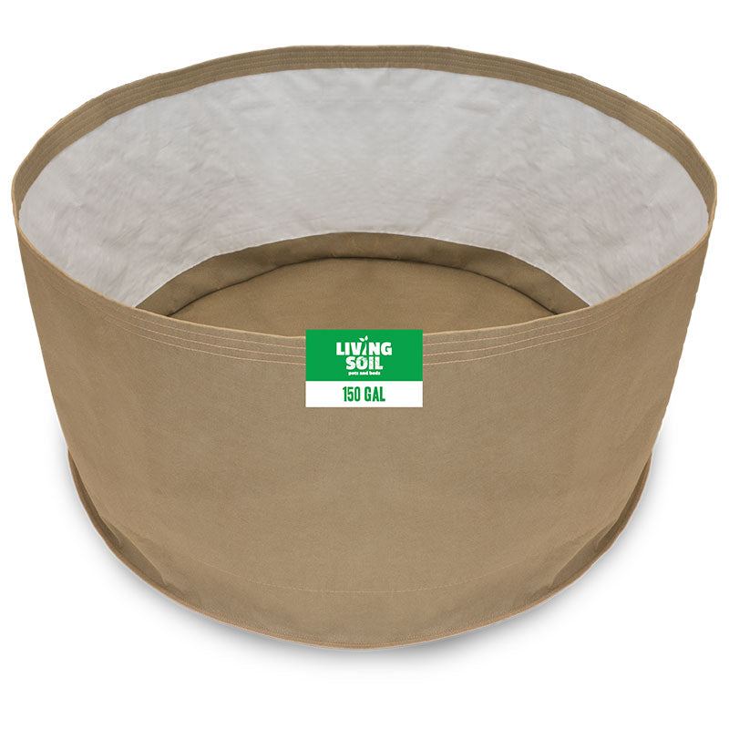 150-gallon Grassroots Fabric Pot filled with thriving living soil, suitable for large-scale gardening and plant growth.