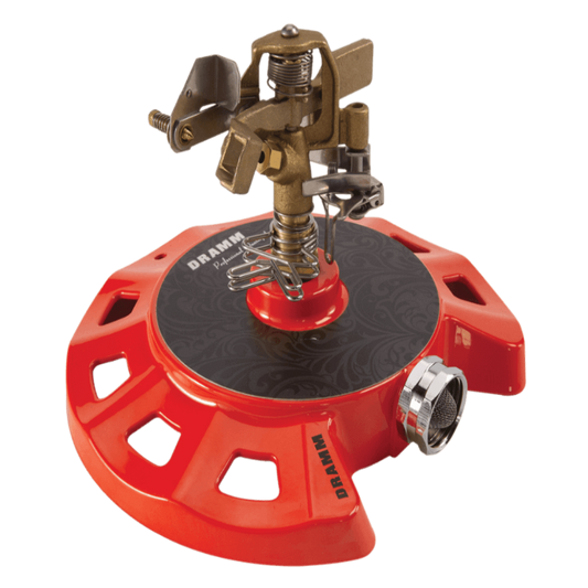 Dramm ColorStorm Impulse Circular Sprinkler with red base for lawn watering, made by Rivendell Distribution.
