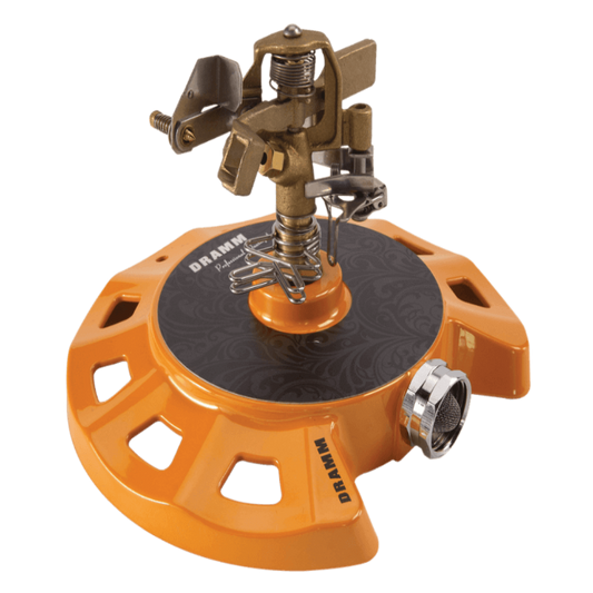 Orange Dramm ColorStorm Impulse Circular Sprinkler with circular base, designed for watering gardens and lawns.