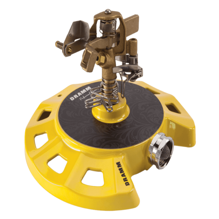 Yellow Dramm ColorStorm Impulse Circular Sprinkler on its base, designed for efficient watering in the Tools & More category.