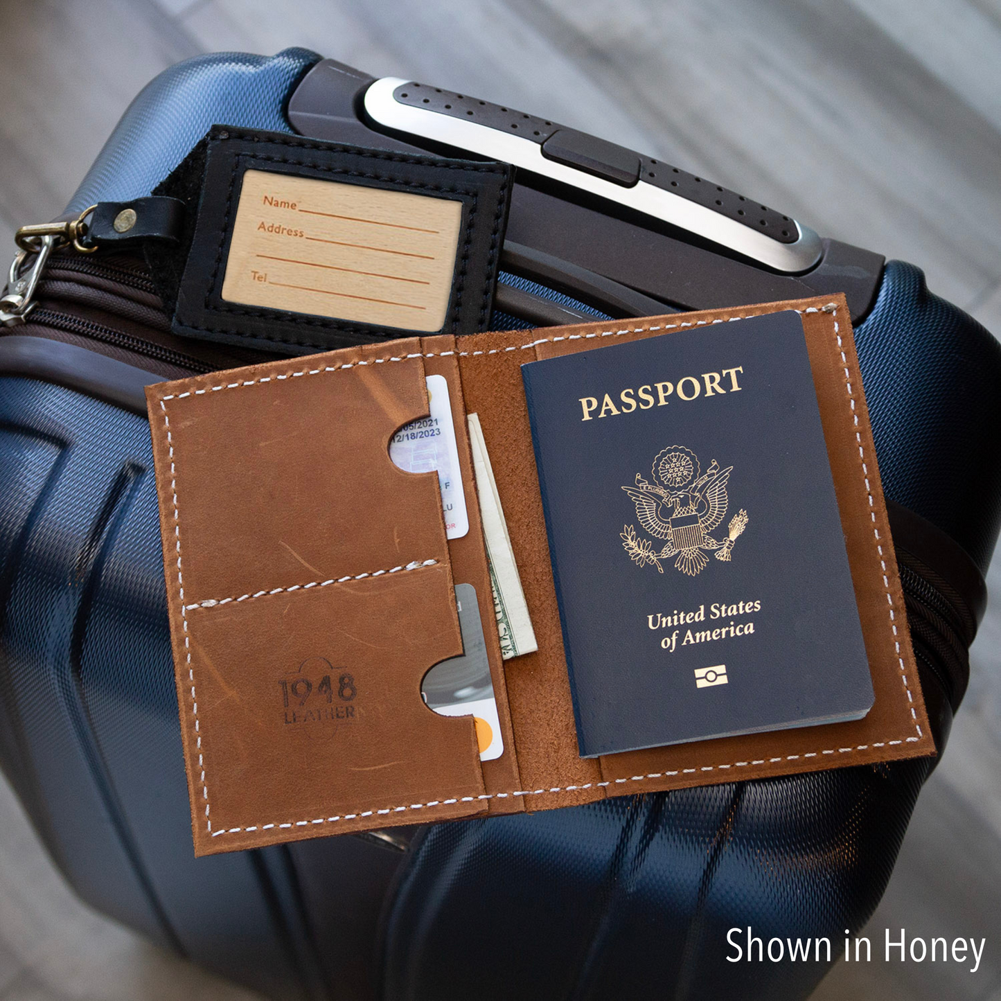 Rebekah Scott Designs Passport Wallet in Pine with multiple card slots and a secure zippered compartment.