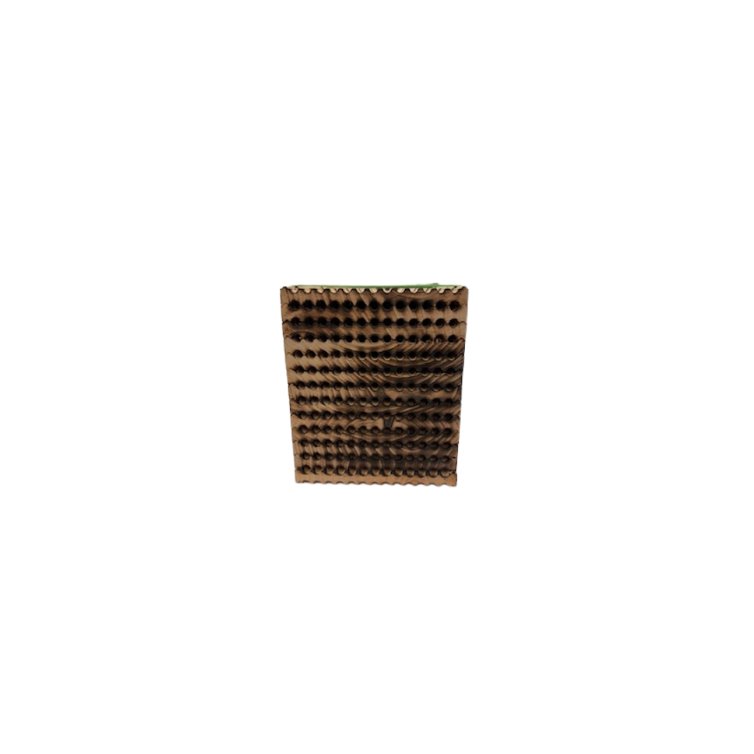 Reusable wood tray with 156 holes for summer leaf bees, designed by CrownBees for bee habitat and nesting support.