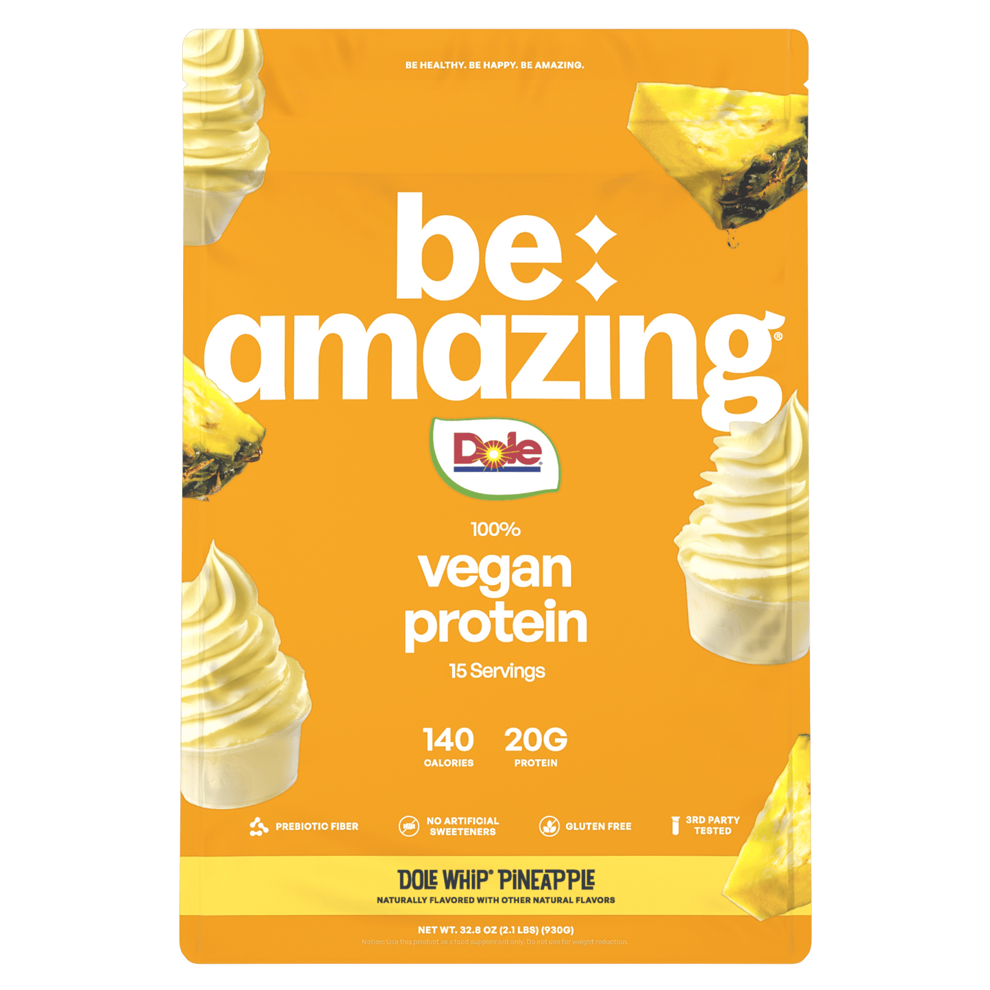 Be Amazing vegan protein powder container with pineapple flavor, featuring a vibrant label and scoop in a clean setting.