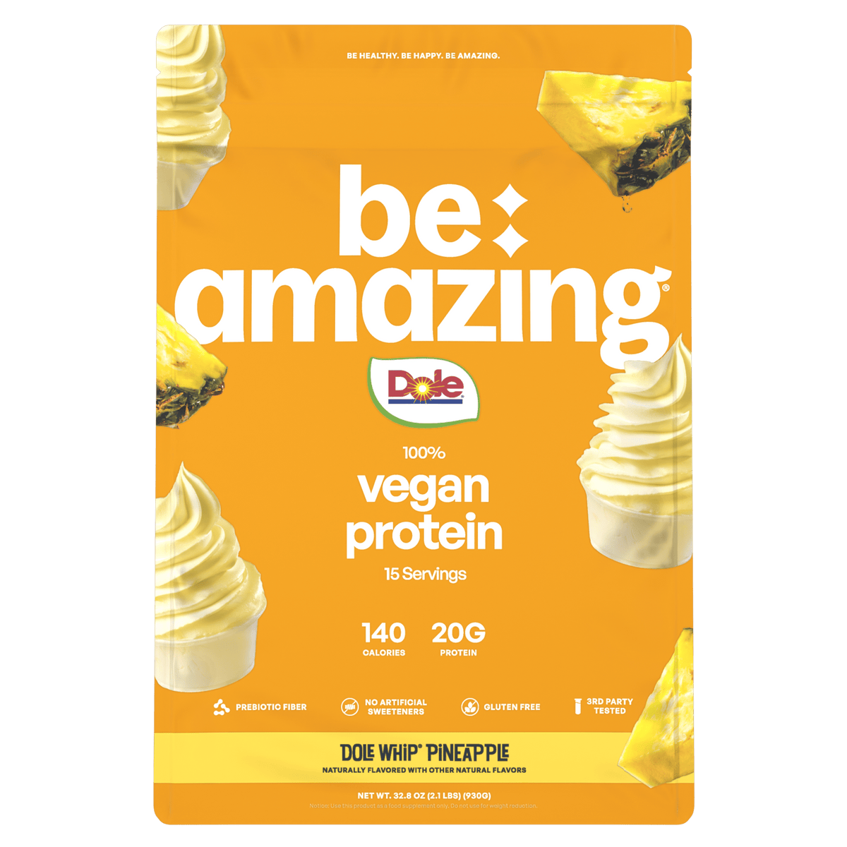 Be Amazing vegan protein powder container with pineapple flavor, featuring a vibrant label and scoop in a clean setting.