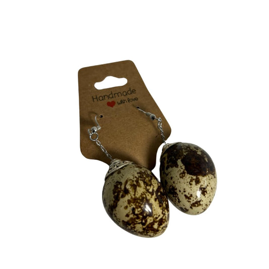 Brown quail egg earrings featuring natural stone appearance, handcrafted jewelry by Quailz.com.
