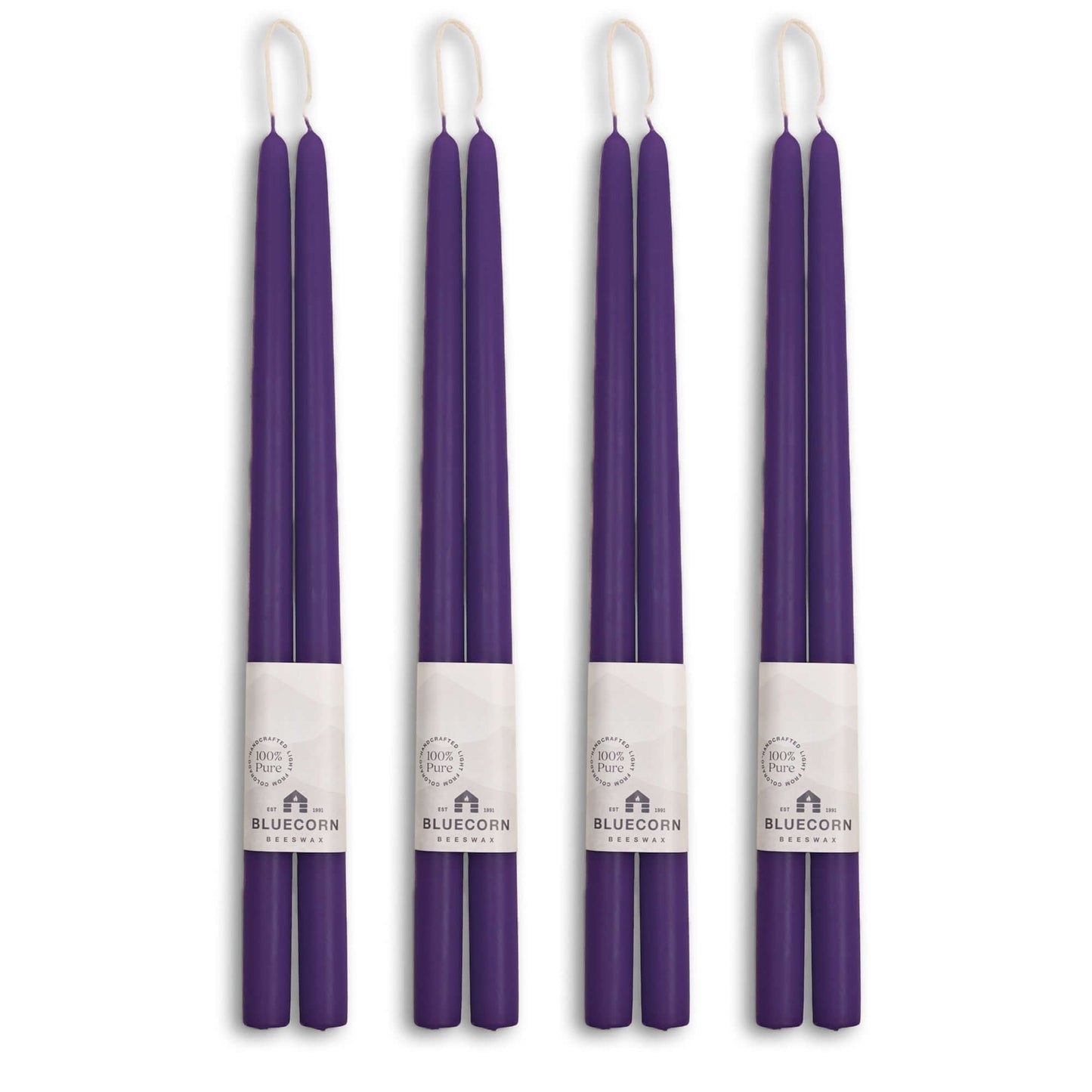 Set of four 16-inch eggplant purple beeswax taper candles by Bluecorn Candles in a bulk bundle, ideal for elegant candle displays.
