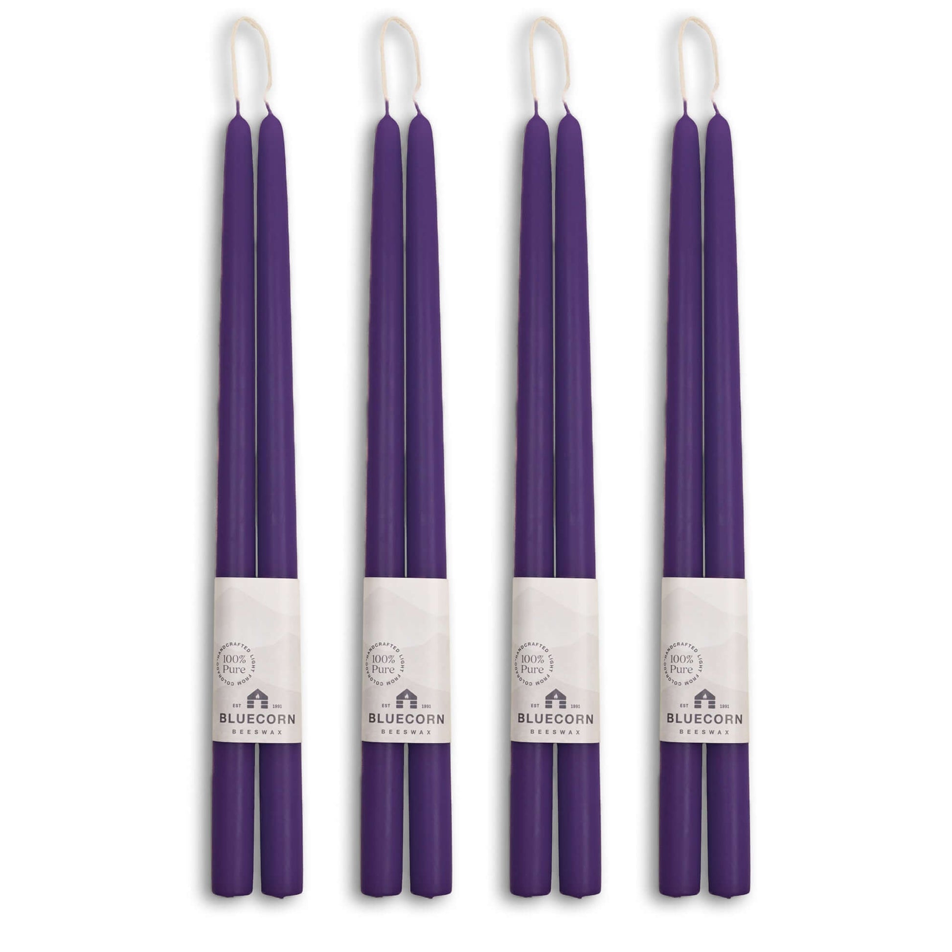 Set of four 16-inch eggplant purple beeswax taper candles by Bluecorn Candles in a bulk bundle, ideal for elegant candle displays.