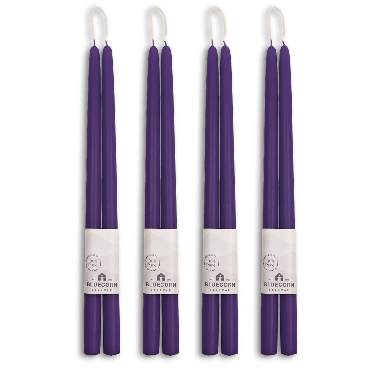 Set of four 16-inch eggplant purple beeswax taper candles by Bluecorn Candles, hand-dipped and bundled for bulk purchase.