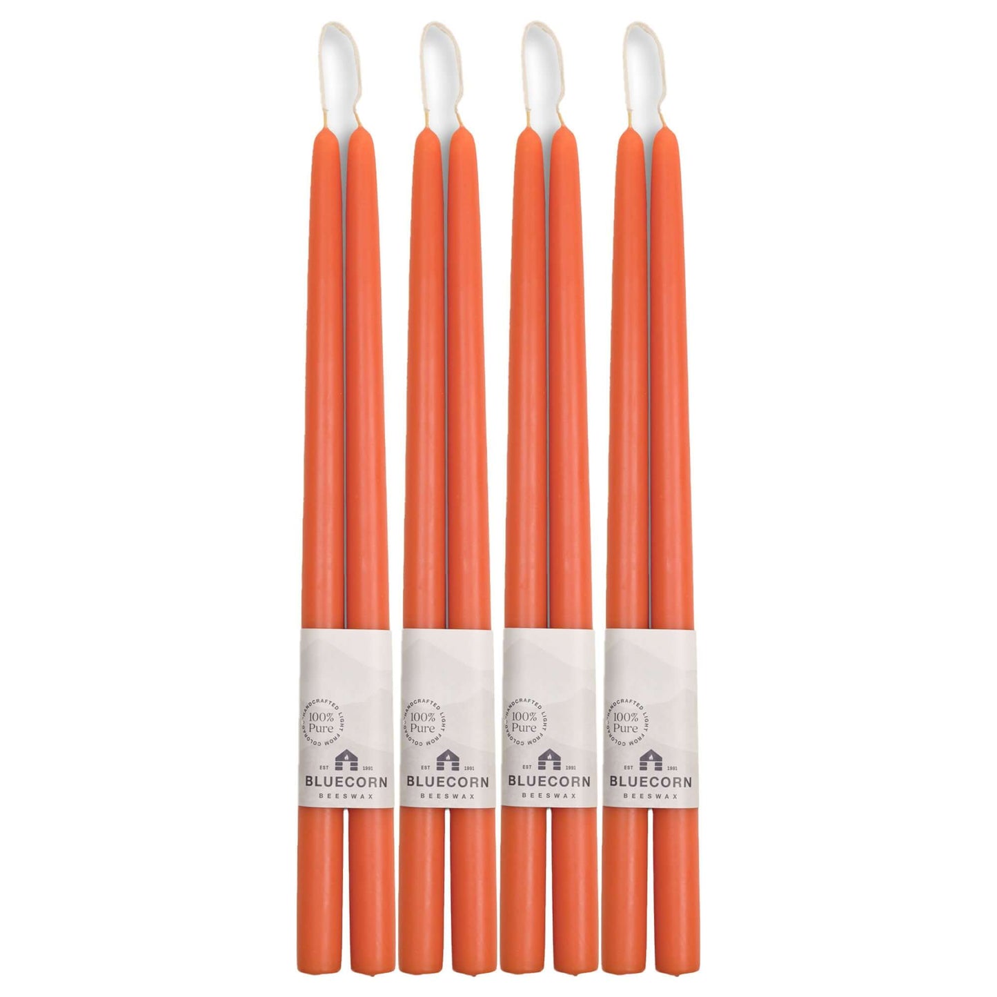 Set of 8 apricot pink beeswax taper candles from Bluecorn Candles, 16 inches tall, ideal for decorative and ambient lighting.