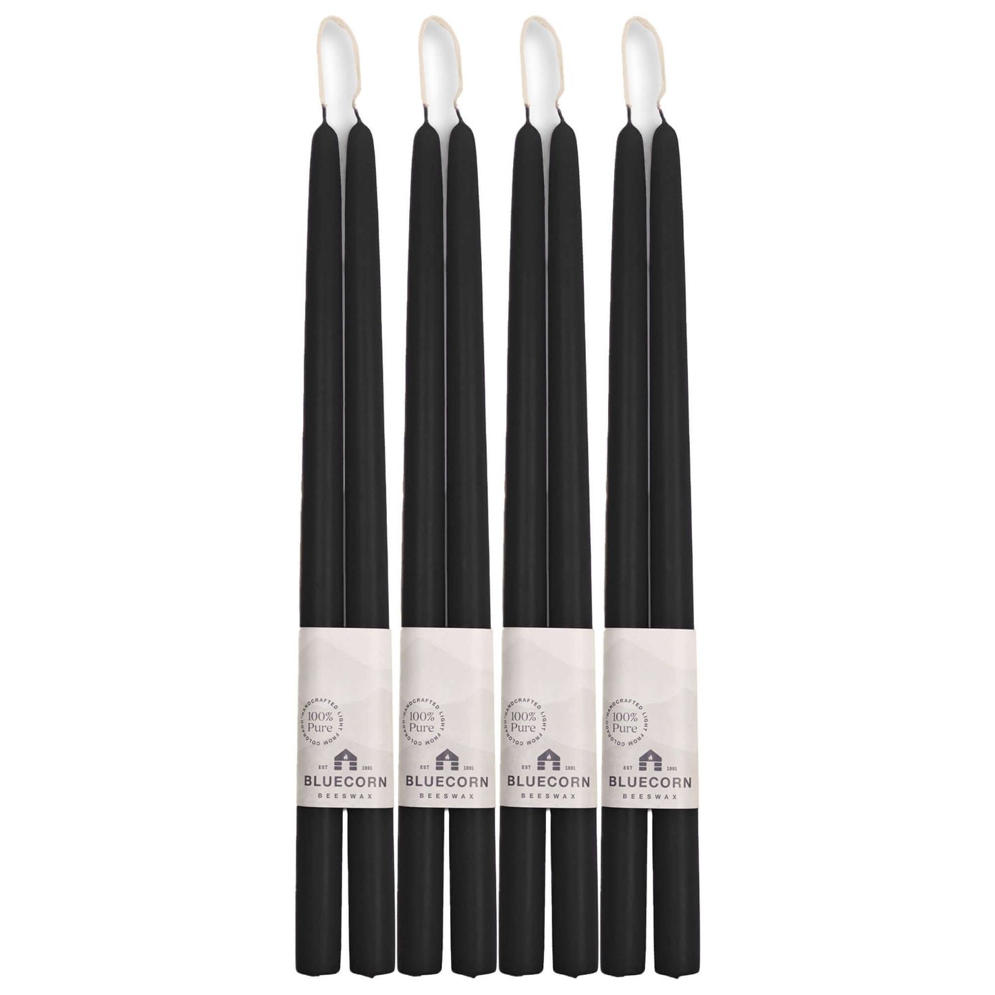 Set of 8 black 16-inch beeswax taper candles by Bluecorn Candles, hand-dipped and ideal for elegant candle displays.