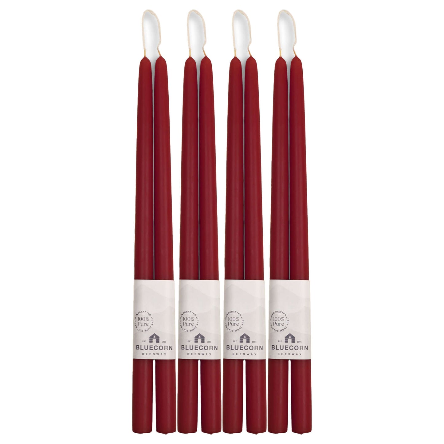 Set of 8 16-inch Burgundy red beeswax taper candles from Bluecorn Candles in a bulk bundle, ideal for elegant lighting.