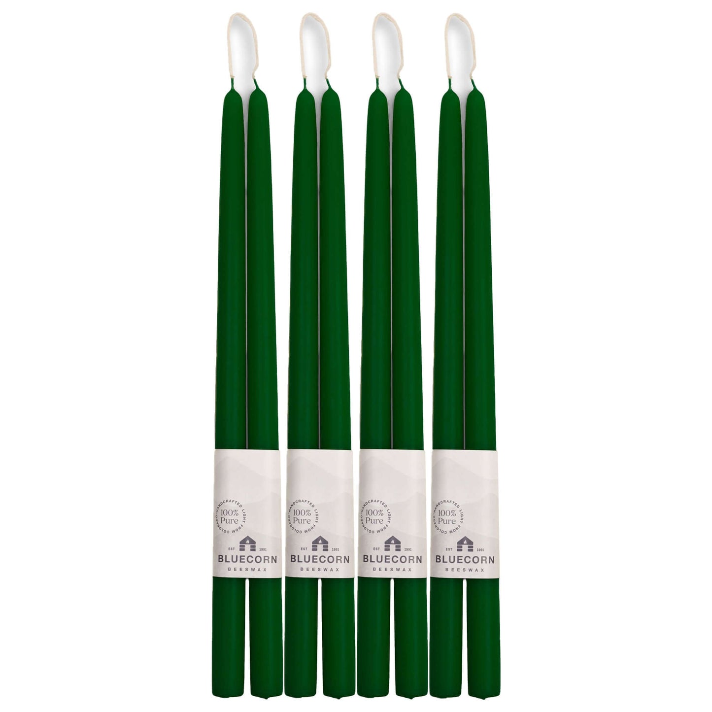 Set of 8 moss green Bluecorn Candles 16-inch beeswax taper candles in a bulk bundle, perfect for elegant candle decor.