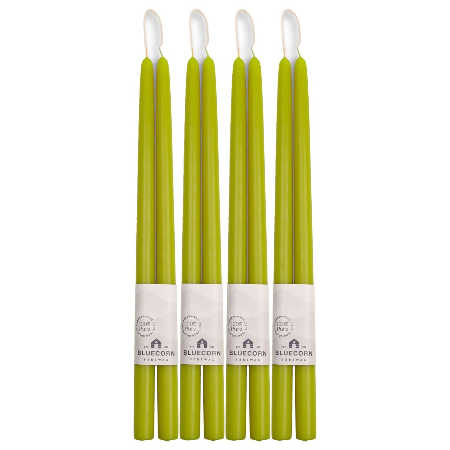 Set of 8 pistachio green 16-inch beeswax taper candles from Bluecorn Candles in a bulk bundle, perfect for elegant candle displays.