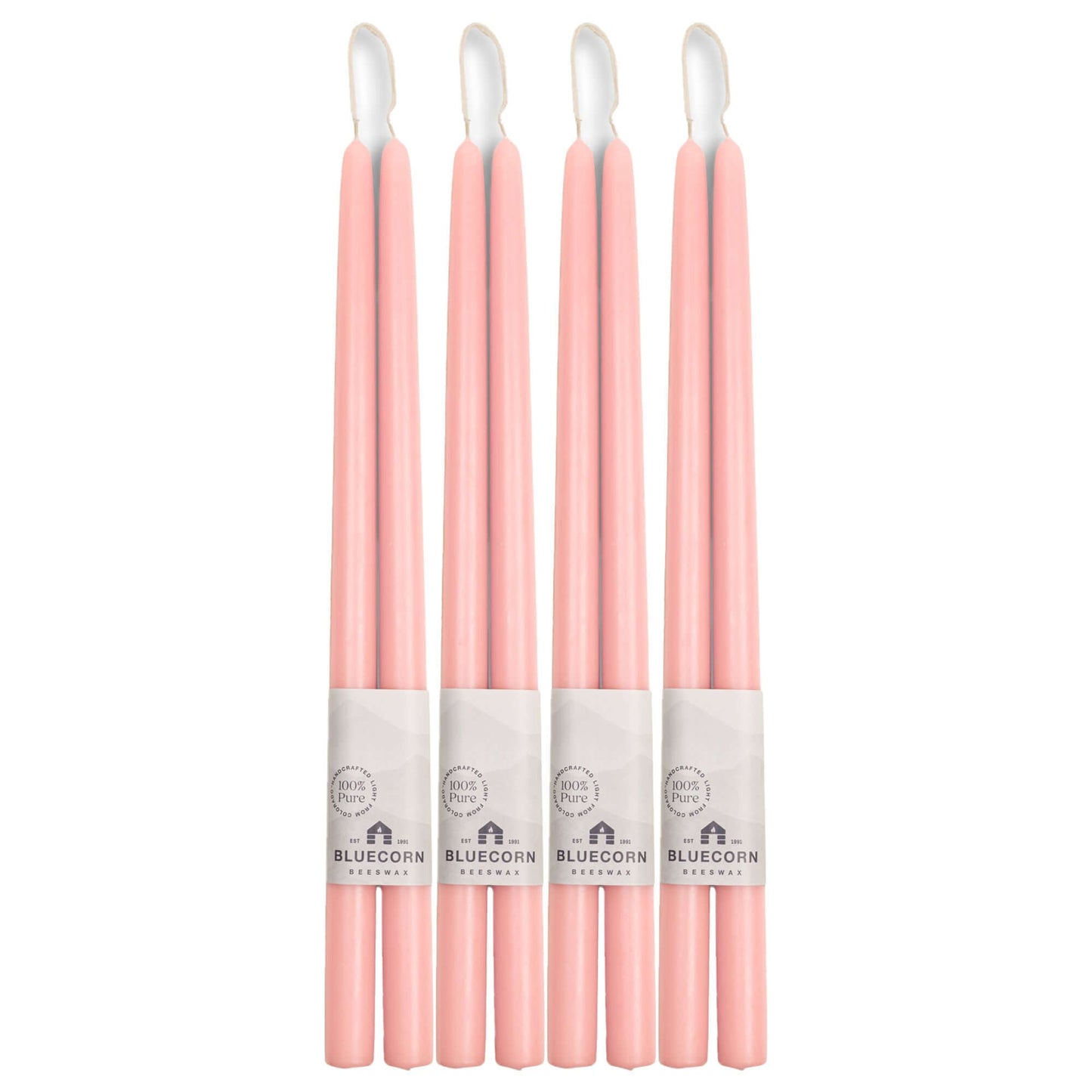 Set of 8 Bluecorn Candles hand-dipped beeswax taper candles, 16-inch tall pink candles in a bulk bundle.