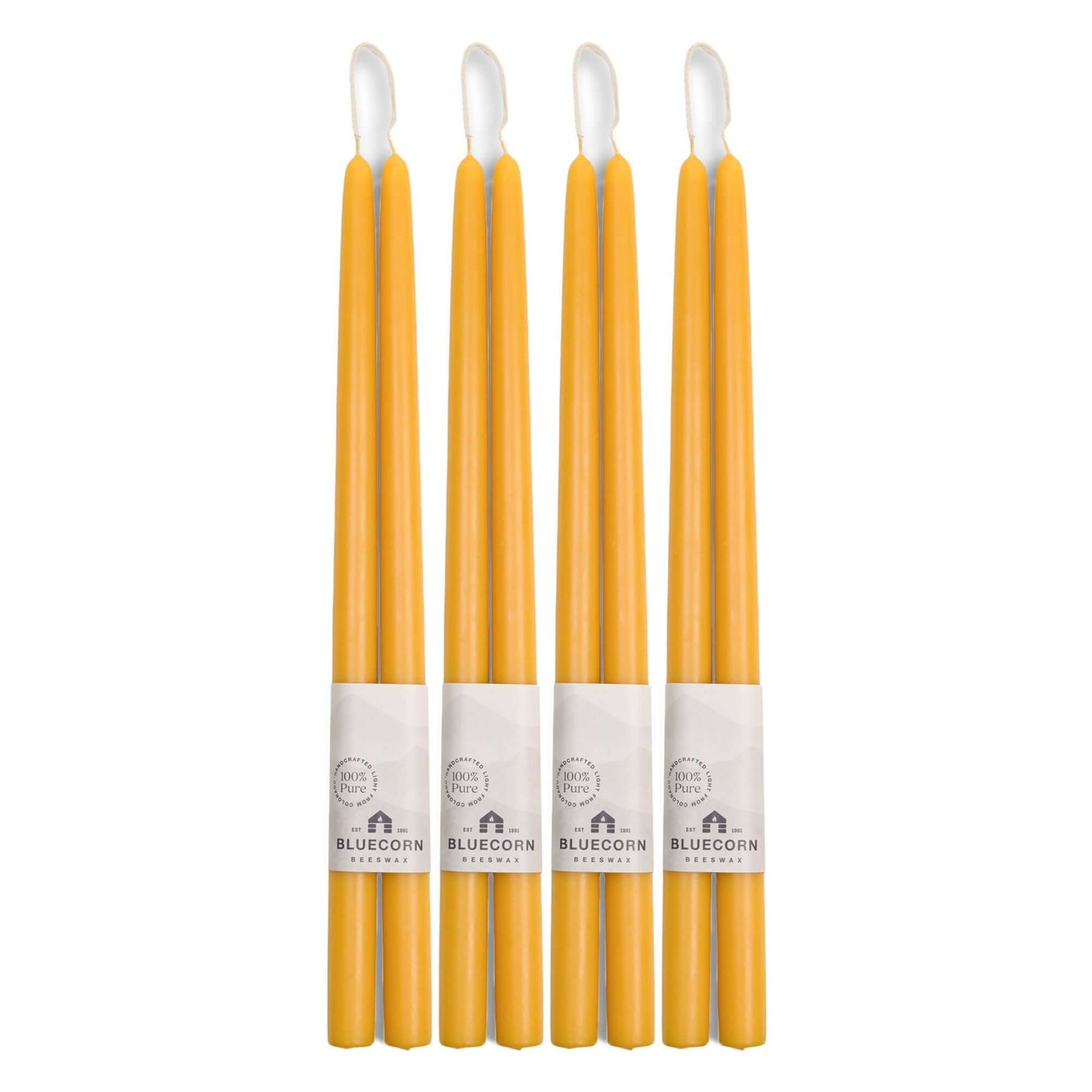 Set of 8 natural beeswax taper candles from Bluecorn Candles, 16-inch tall, hand-dipped, raw beeswax, bulk bundle of 4 pairs