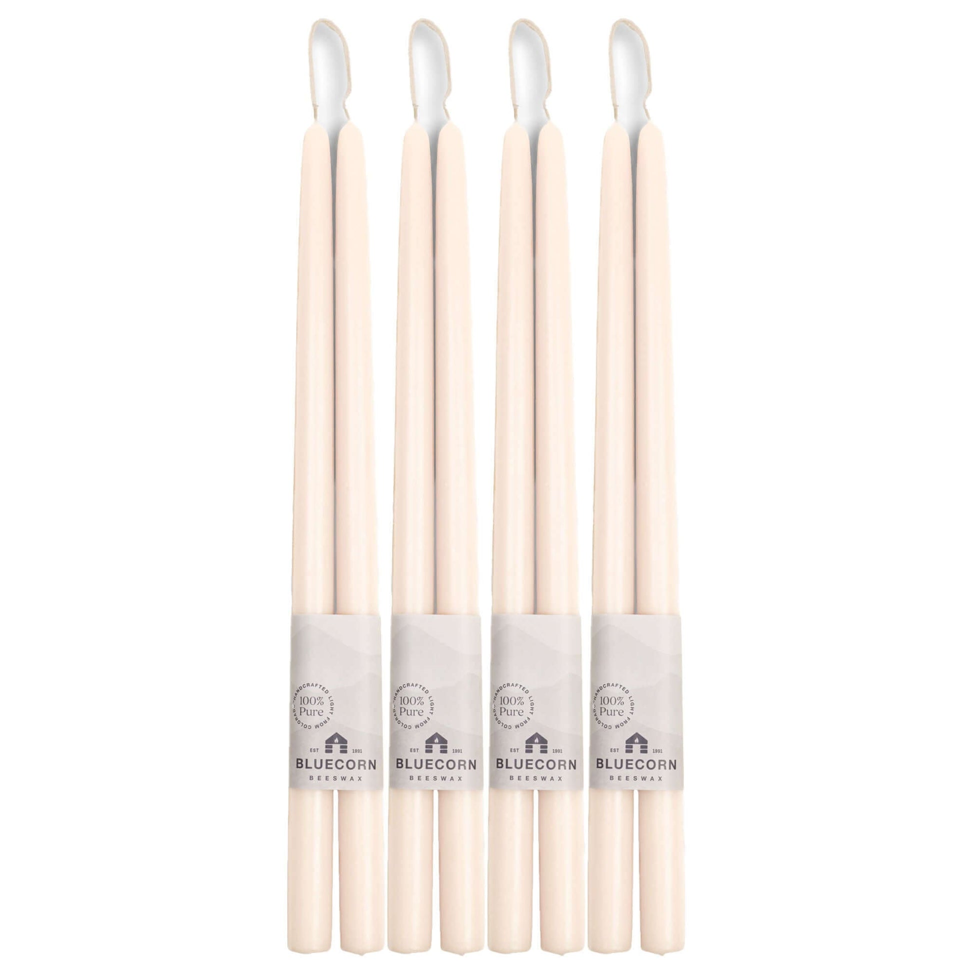 Sixteen-inch white beeswax taper candles from Bluecorn Candles, bulk set of 8, with natural, hand-dipped finish.