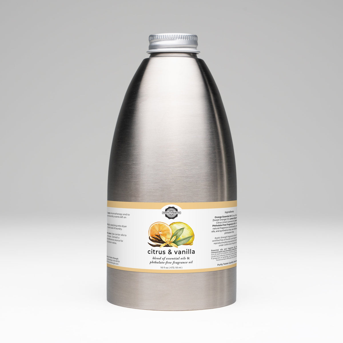 Rustic Strength Citrus & Vanilla essential oil and fragrance blend in a 16 oz bottle, showcasing fresh citrus and warm vanilla notes