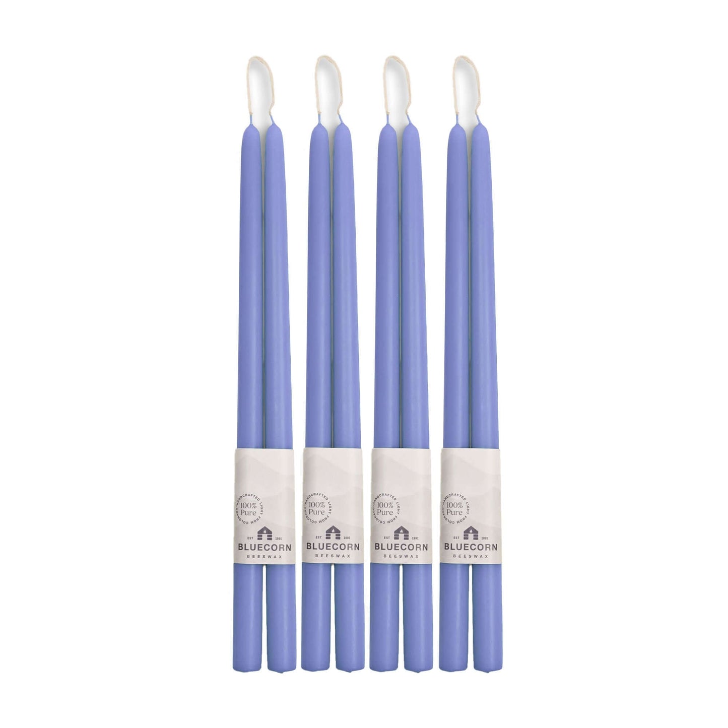 Set of four pairs of 16-inch lilac beeswax taper candles by Bluecorn Candles, hand-dipped and natural for elegant lighting.