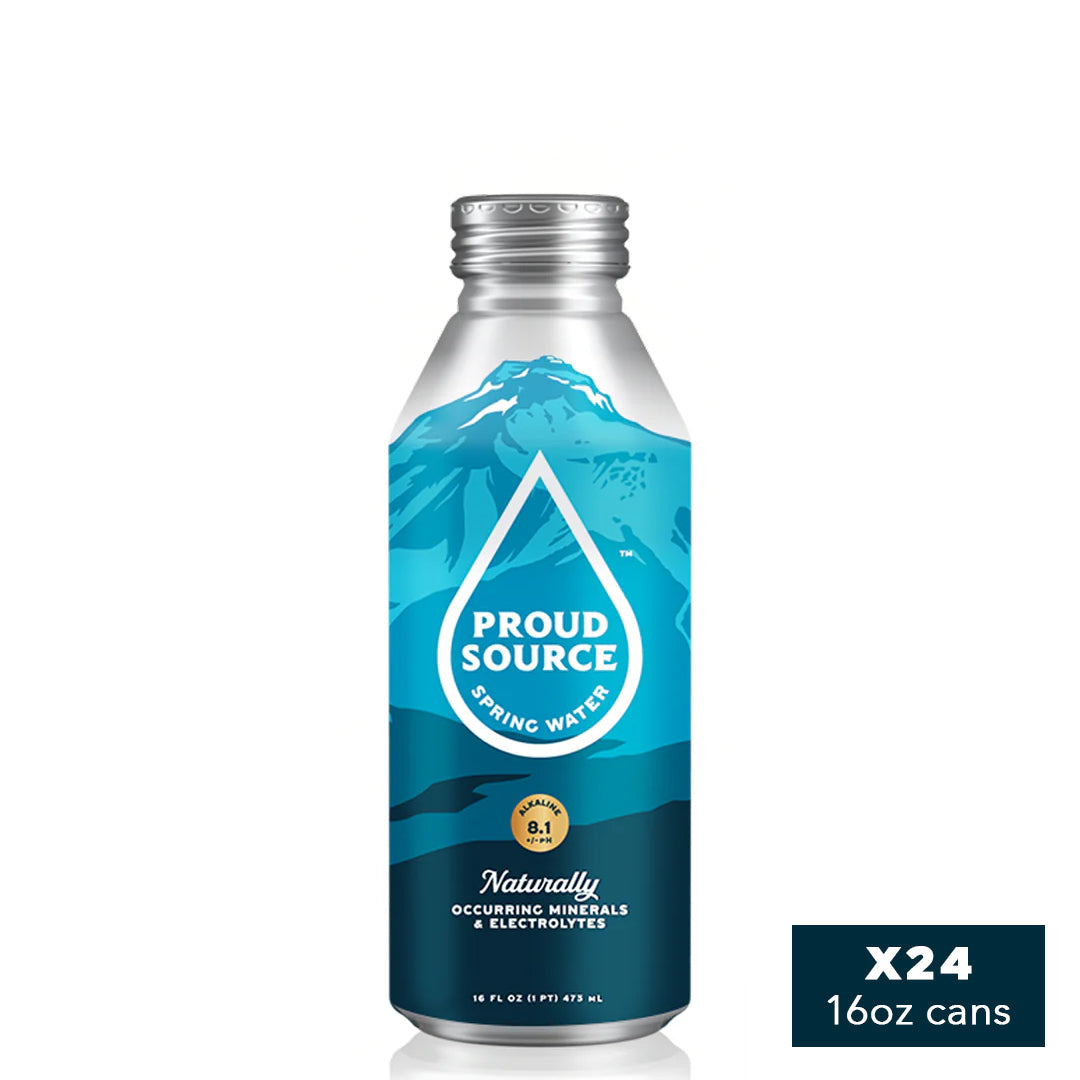 16oz bottle of PROUD SOURCE WATER alkaline spring water with clear label and transparent bottle showing the water inside