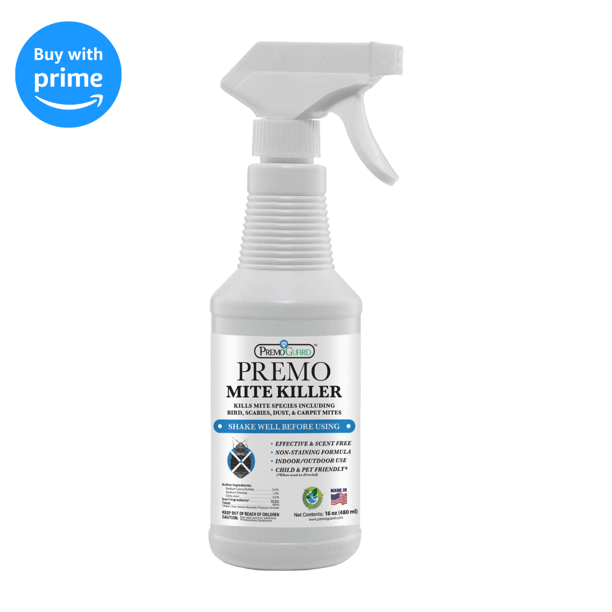 16oz Premo Natural Products Mite Killer Spray bottle, all-natural non-toxic pesticide for pest control.