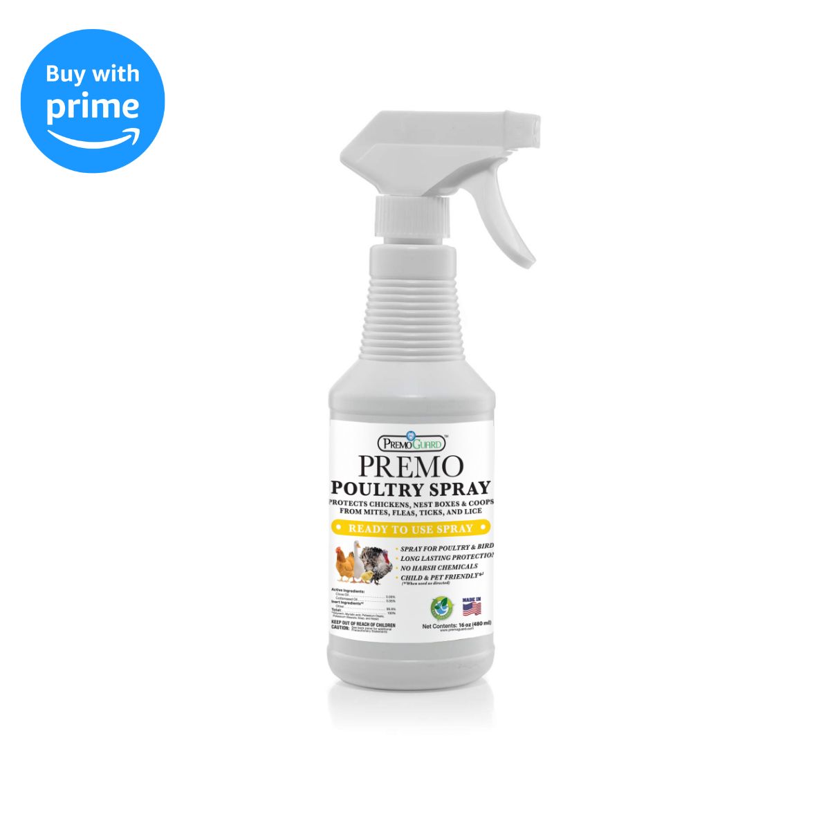 16oz Premo Natural Poultry Spray bottle, plant-based, all-natural, non-toxic poultry and animal care product from Premo Guard.