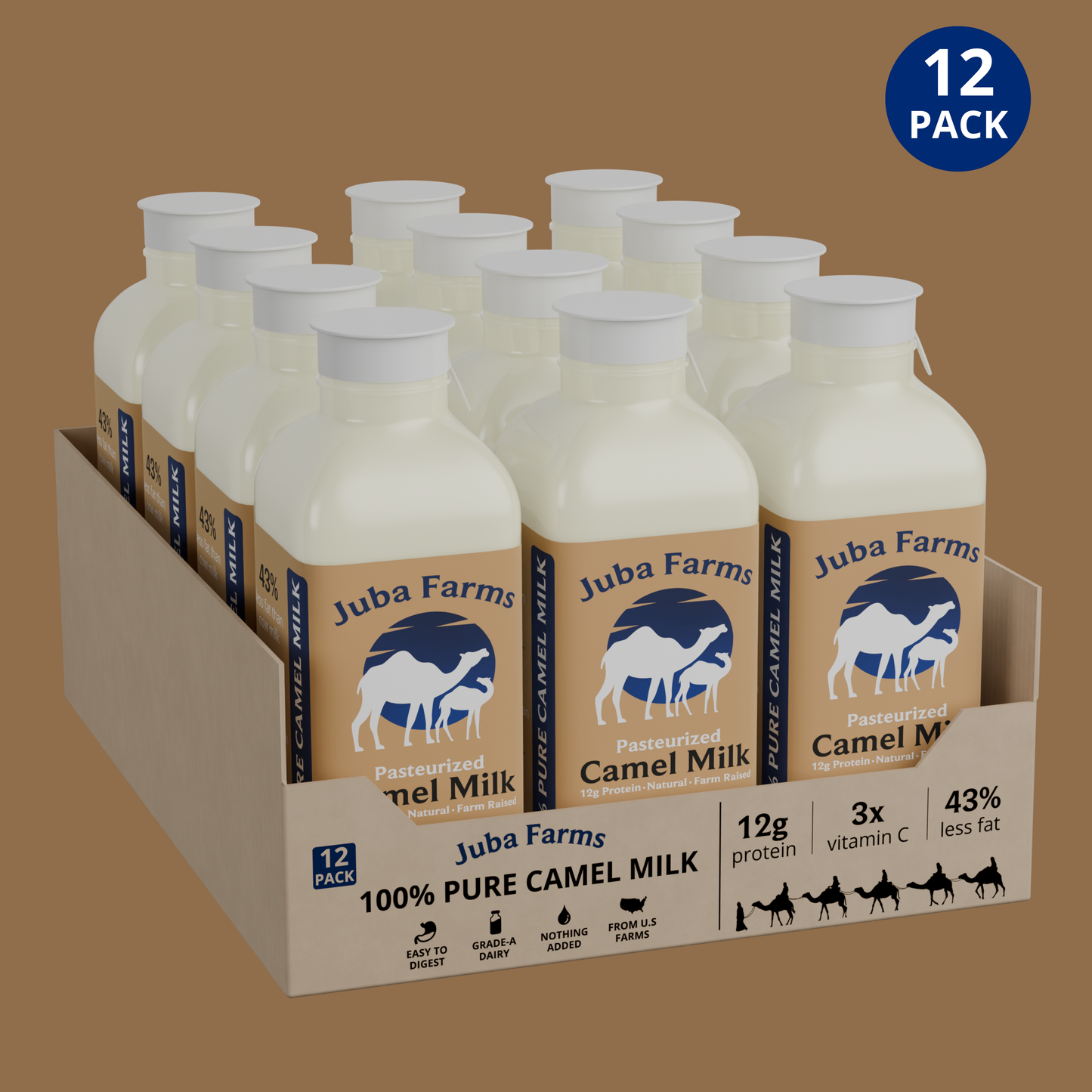 12-pack of Juba Farms camel milk bottles, 16 oz each, featuring creamy camel milk in clear bottles with white caps.