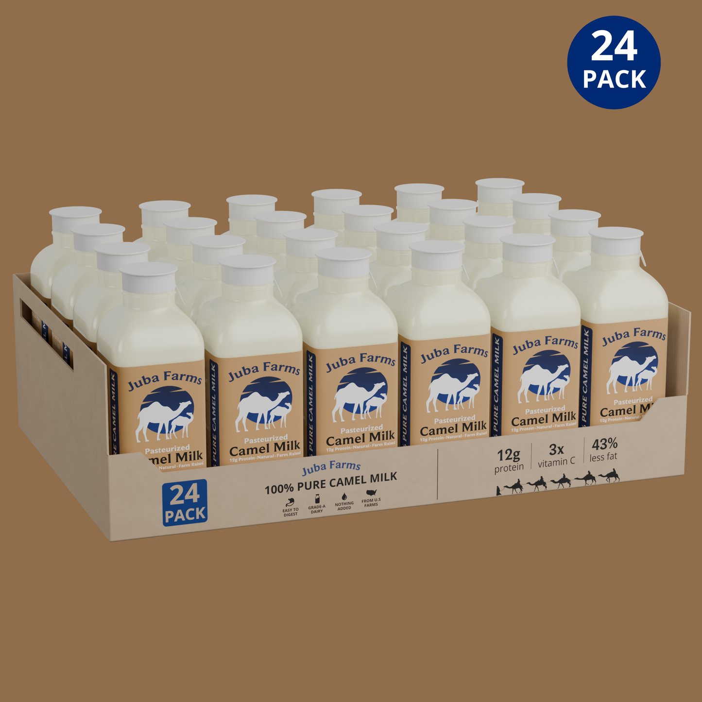 16 oz Juba Farms camel milk pack, showing 24 bottles arranged on a table, highlighting the fresh, natural product.