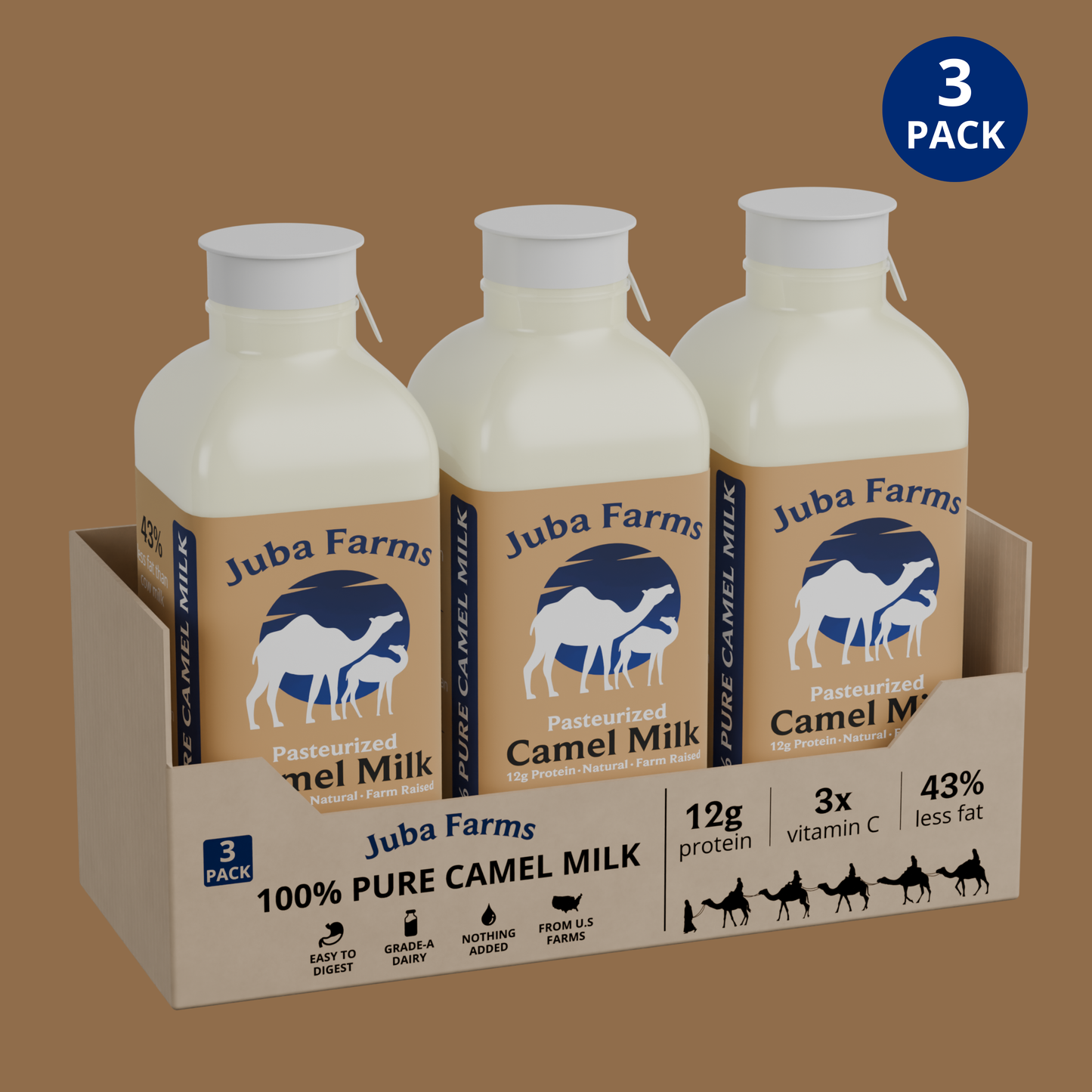 Three 16 oz bottles of Juba Farms camel milk in a pack, featuring clear labels and white bottles with blue caps.
