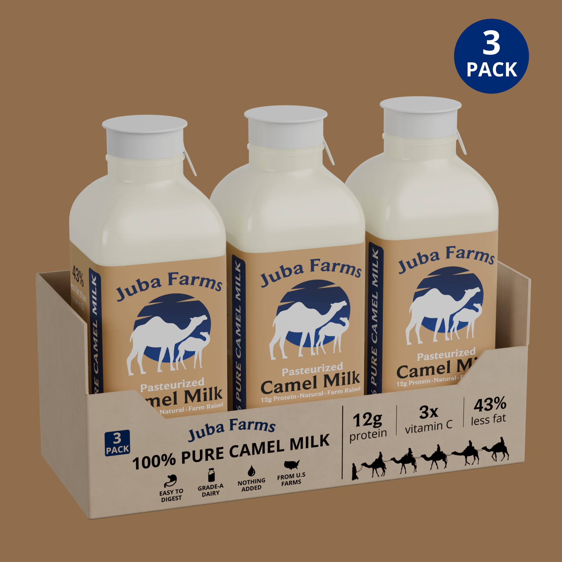 Three 16 oz bottles of Juba Farms camel milk in a pack, featuring clear labels and white bottles with blue caps.